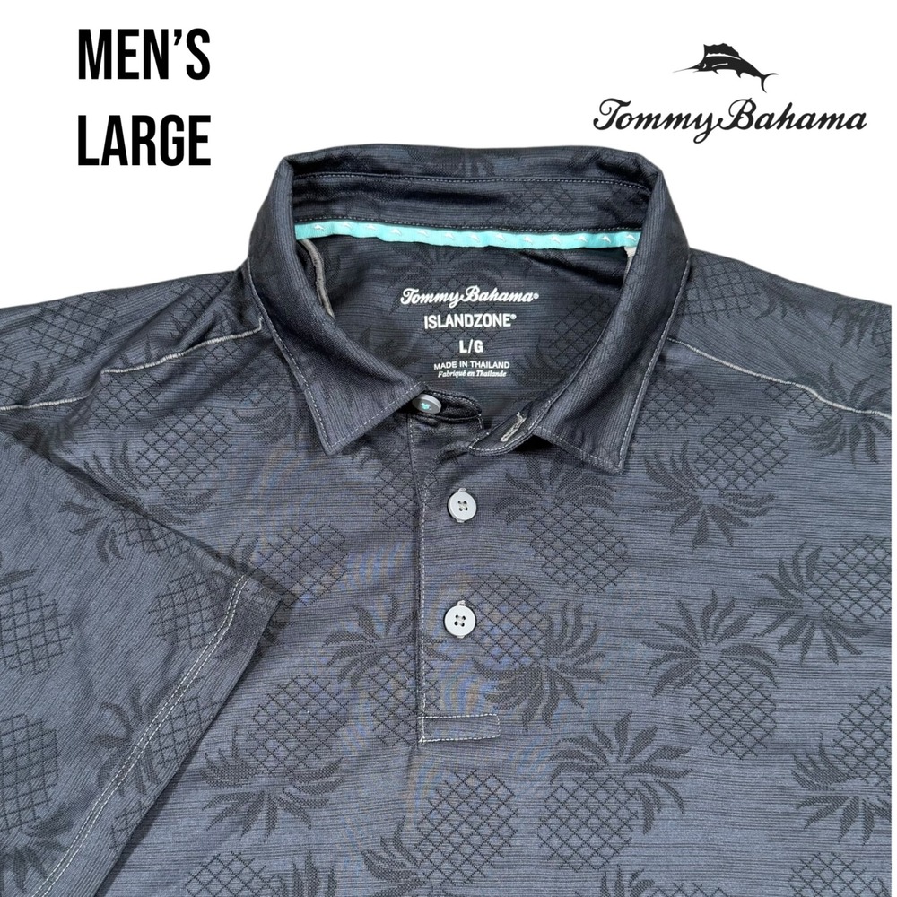 Tommy Bahama IslandZone Polo Shirt Men's Large Gray Pineapple Print Golf‎ Casual